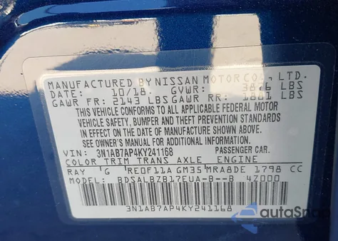 2019 Nissan Sentra S z USA, uszkodzony, nr VIN 3N1AB7AP4KY241168